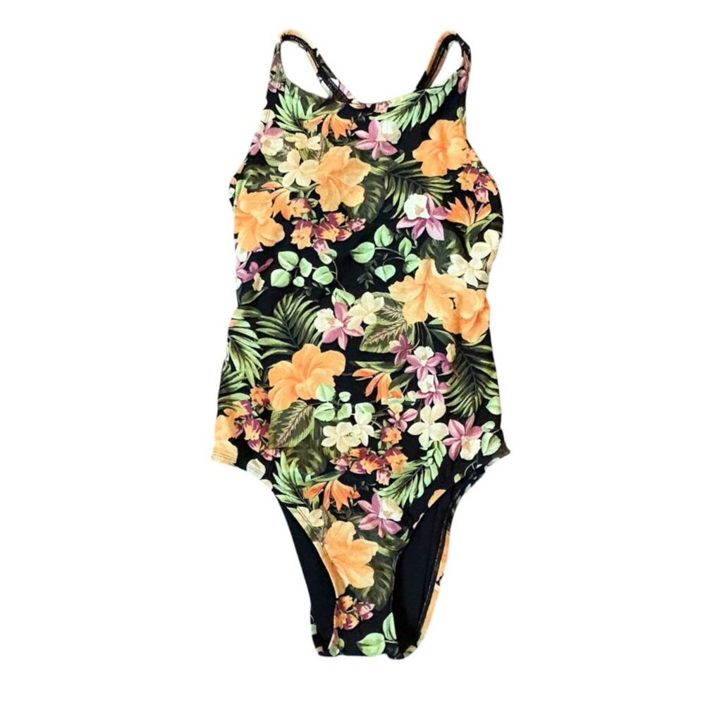 New Hurley Black Orange Tropical One Piece Swimsuit Medium